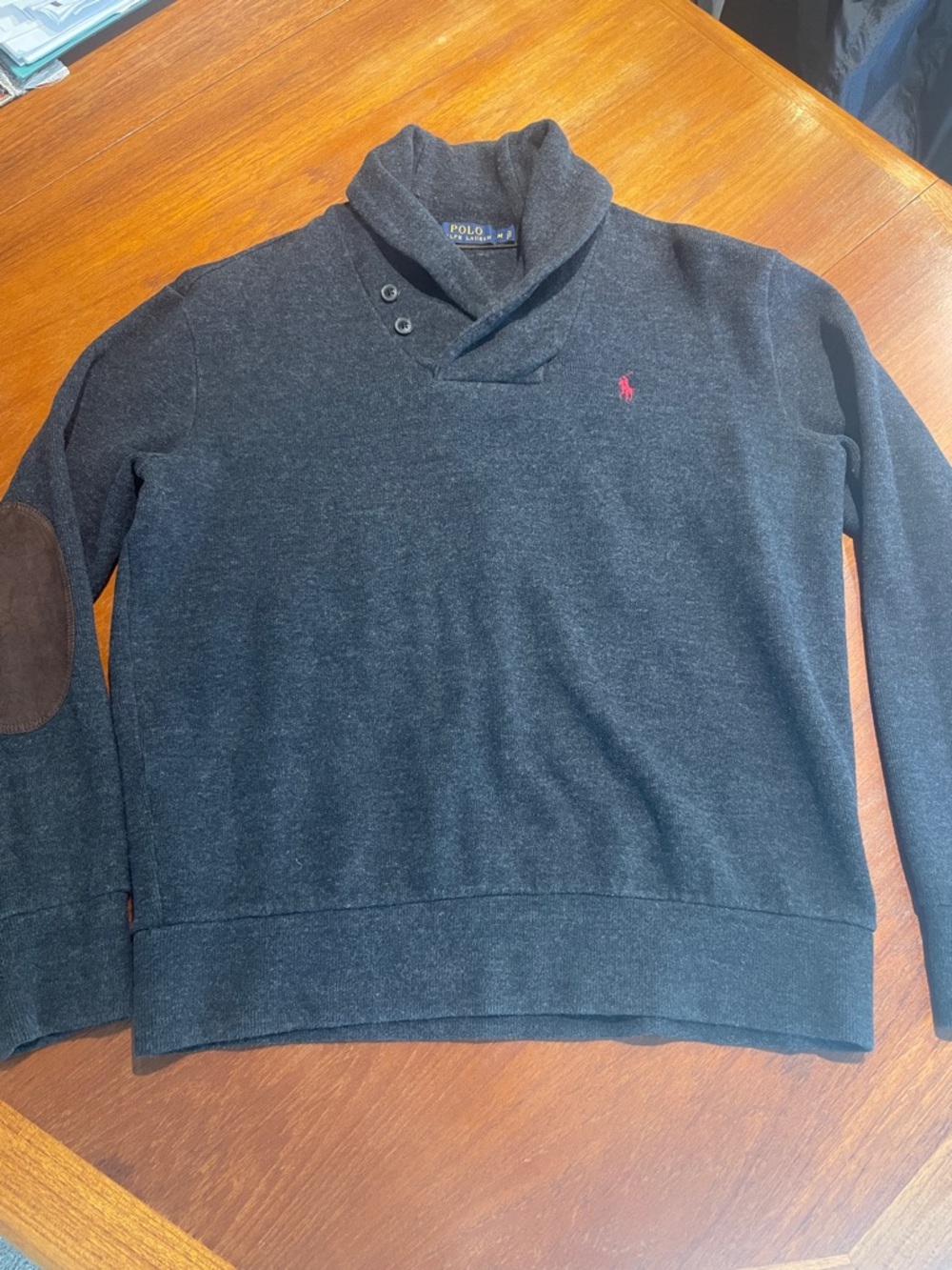 Polo Ralph Lauren gray shawl collar sweater with elbow patches